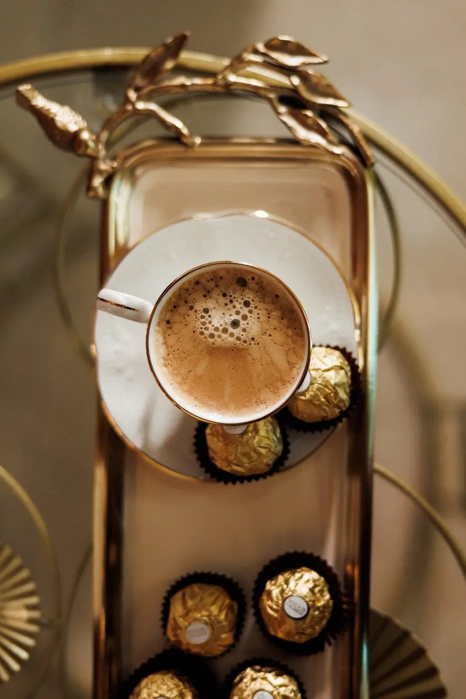 Coffee and chocolates on the brass trolley served to guests at Lavana Spa Al Barsha
